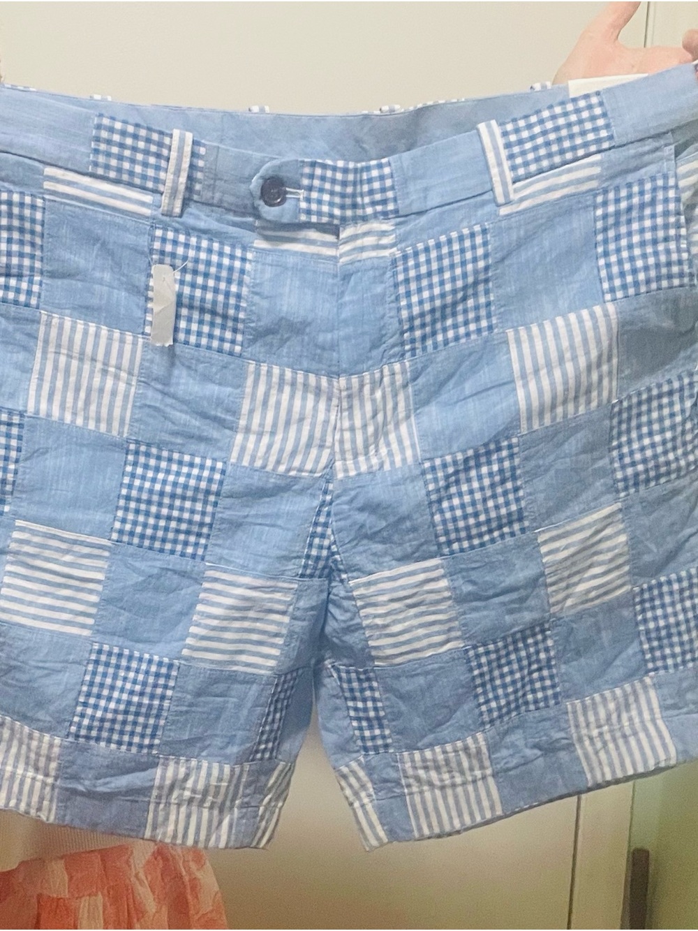 Brooks Brothers Light Blue and White Patchwork Flat Front Shorts